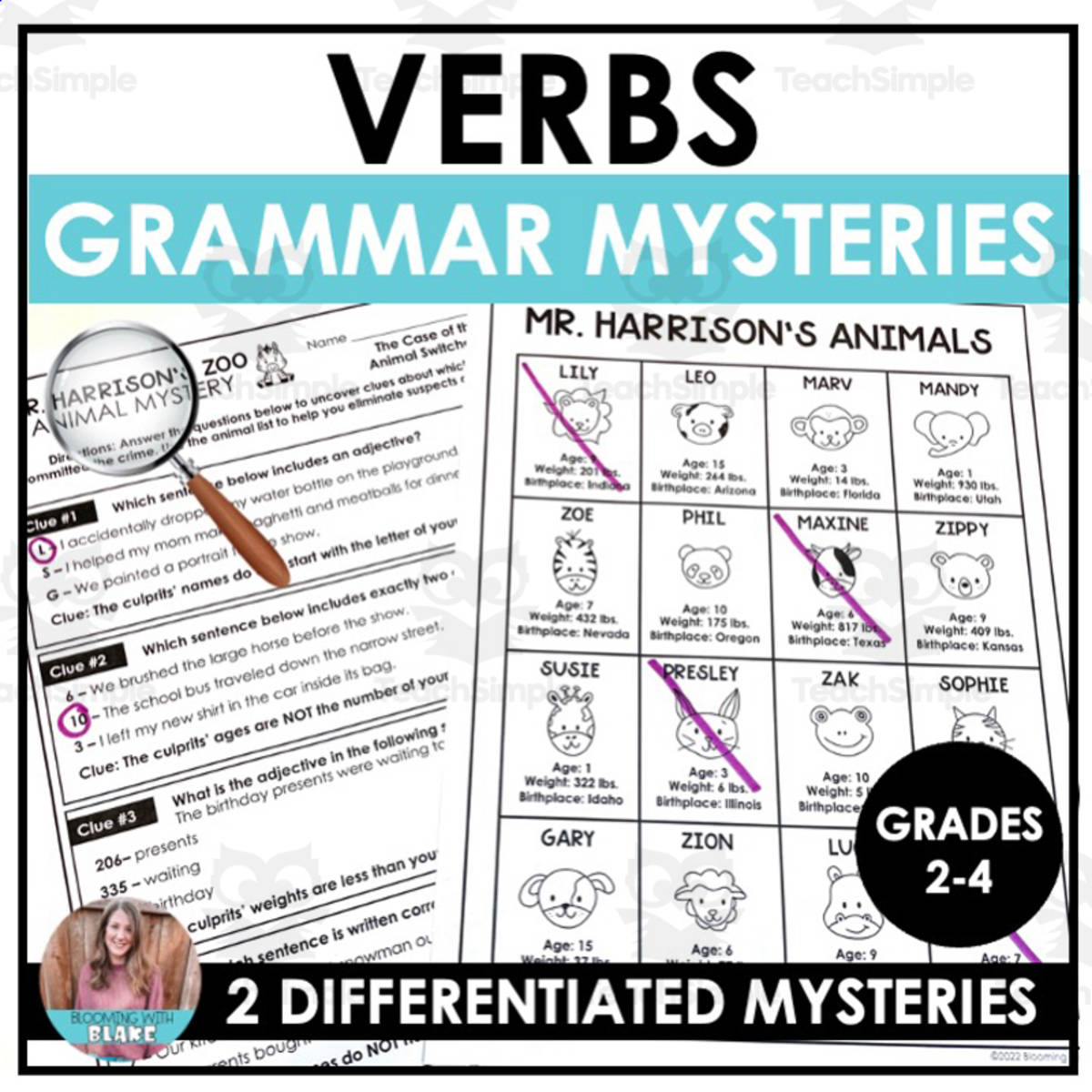 An educational teaching resource from Blooming with Blake entitled Verbs Animal Mysteries Activity downloadable at Teach Simple.