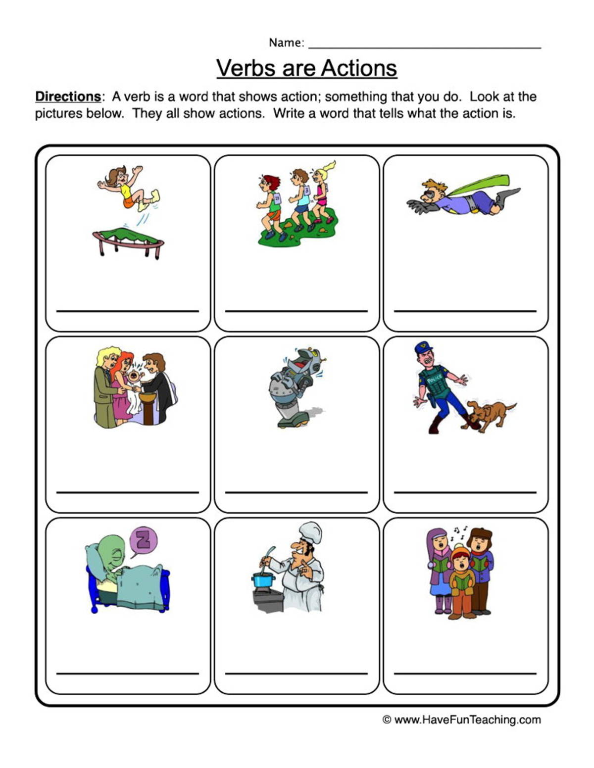 An educational teaching resource from Have Fun Teaching entitled Verbs are Actions Verb Worksheet downloadable at Teach Simple.