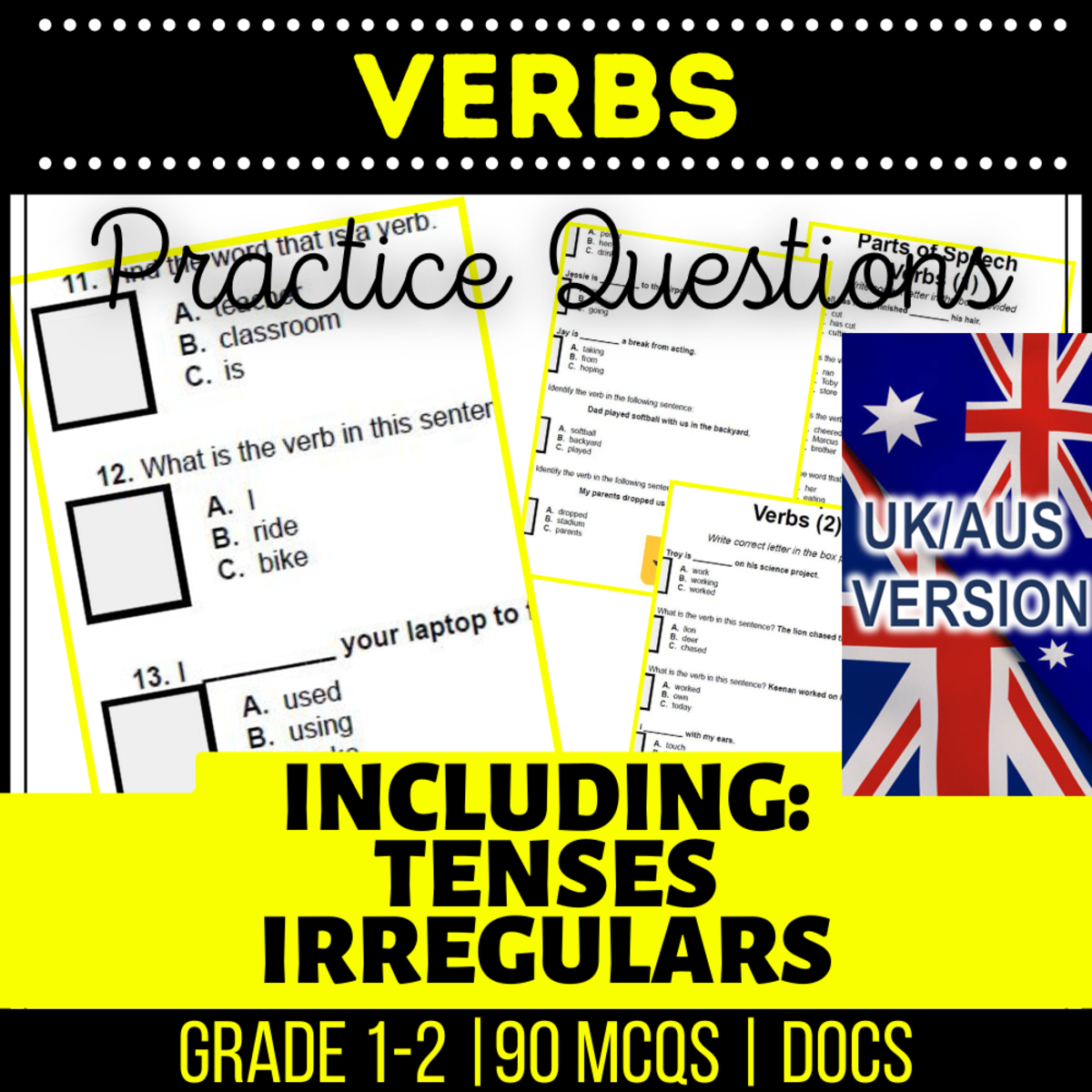 An educational teaching resource from Cored Education entitled Verbs Grammar Practice MCQs | 6 Lessons, 90 Questions downloadable at Teach Simple.