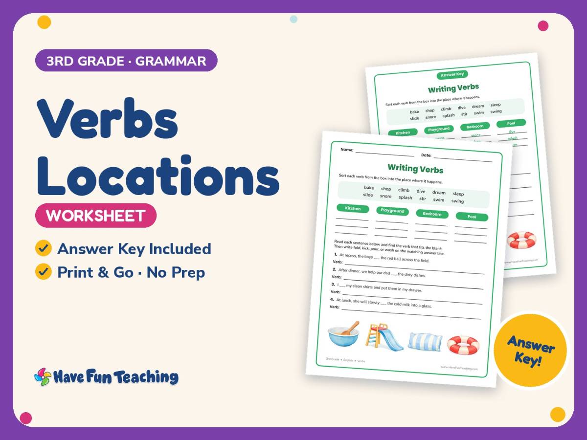 Verbs Locations Worksheet – 3rd Grade Grammar Practice + Answer Key preview