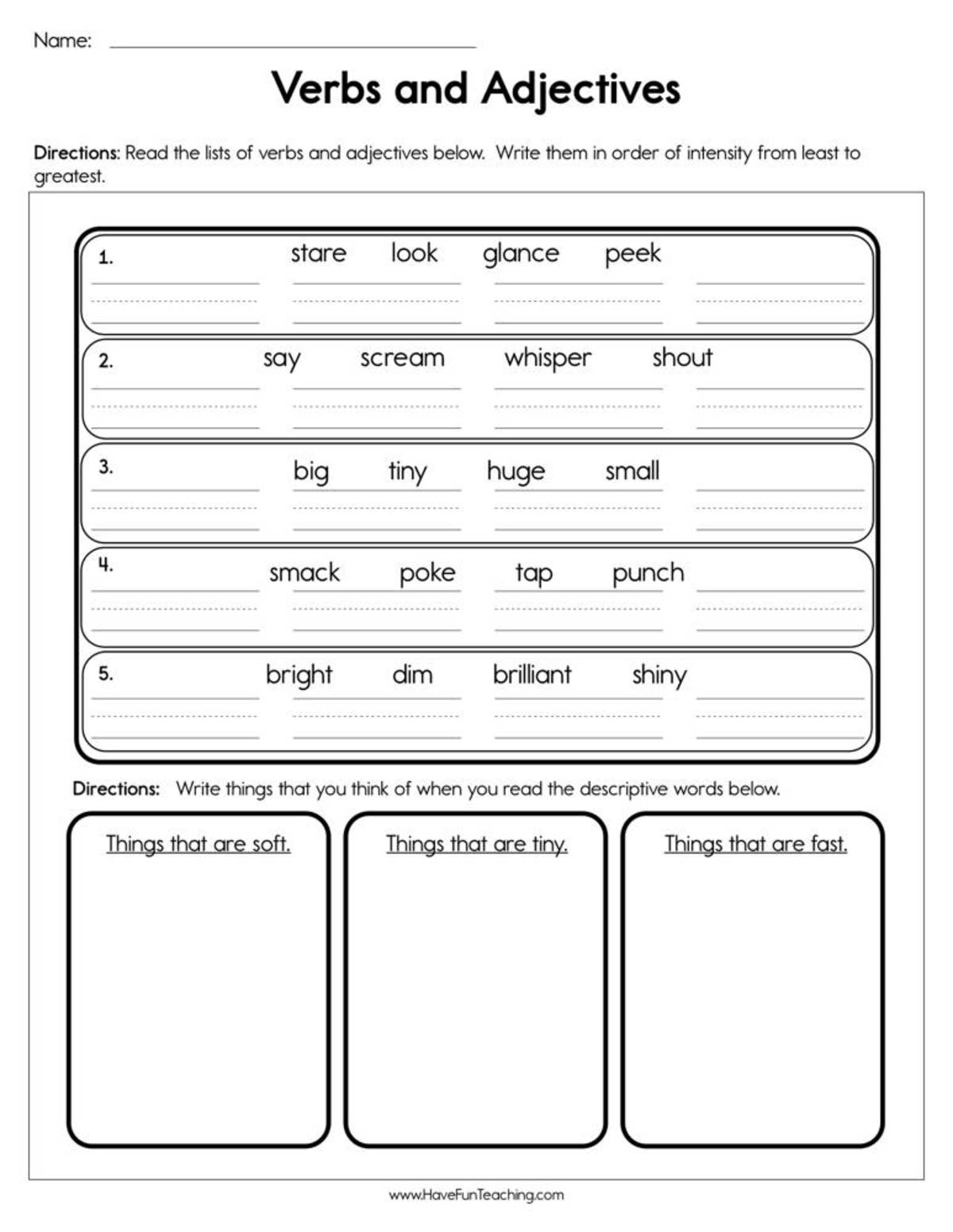 An educational teaching resource from Have Fun Teaching entitled Verbs or Adjectives Worksheet downloadable at Teach Simple.