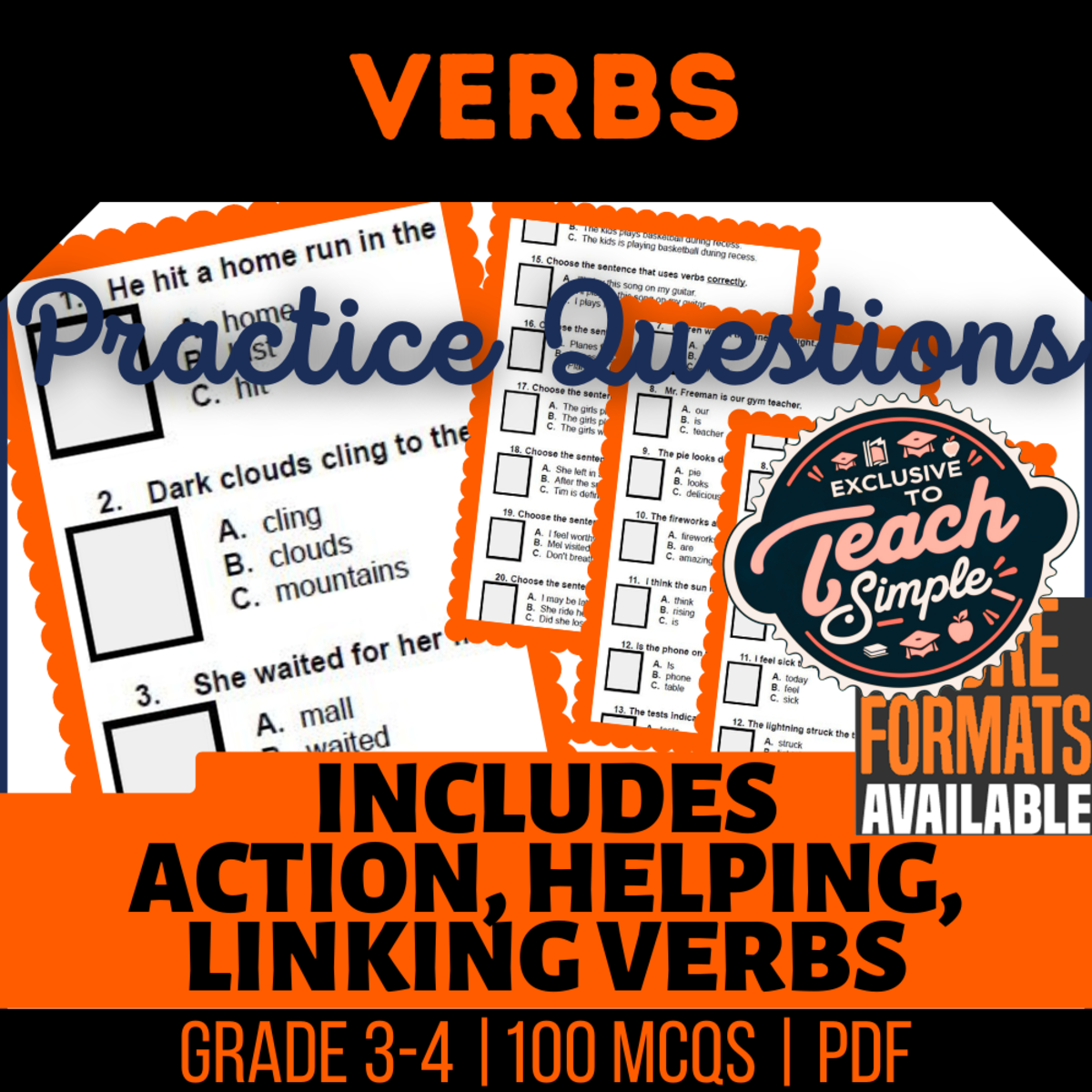 An educational teaching resource from Cored Education entitled Verbs Practice Questions - Grade 3-4 Grammar (PDF) downloadable at Teach Simple.