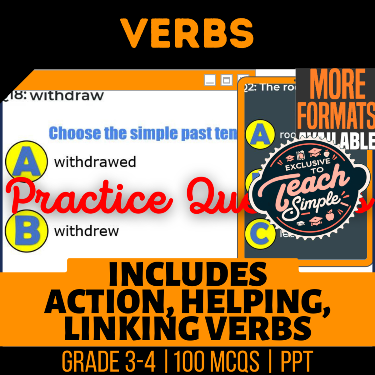 An educational teaching resource from Cored Education entitled Verbs Practice Questions - Grade 3-4 Grammar (PPT) downloadable at Teach Simple.