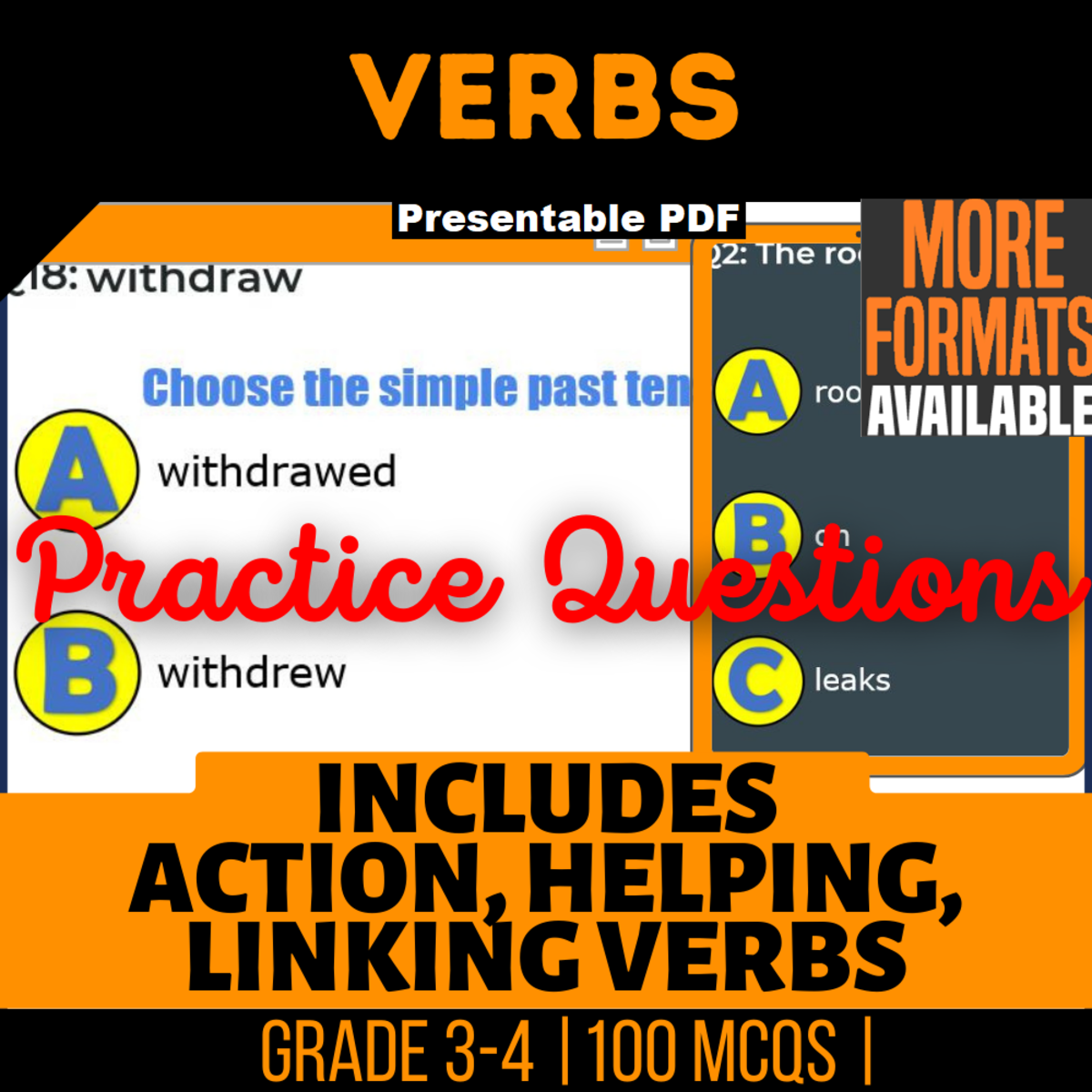 An educational teaching resource from Cored Education entitled Verbs Practice Questions - Grade 3-4 Grammar (Presentable PDF) downloadable at Teach Simple.
