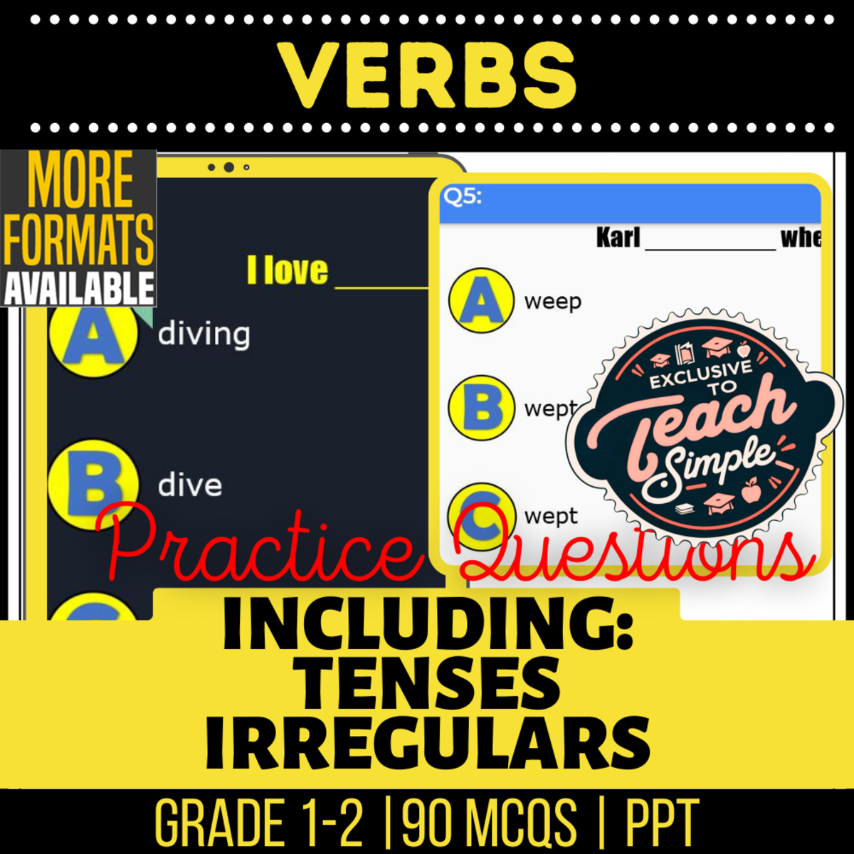 An educational teaching resource from Cored Education entitled Verbs Practice Questions - Grades 1-2 Grammar (PPT) downloadable at Teach Simple.
