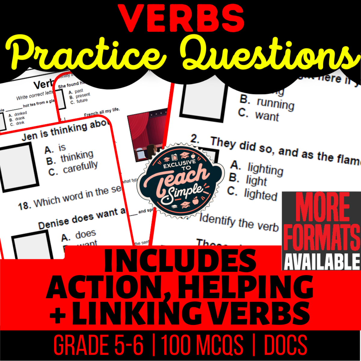 An educational teaching resource from Cored Education entitled Verbs Practice Questions - Grammar Grade 5-6 (Docs) downloadable at Teach Simple.
