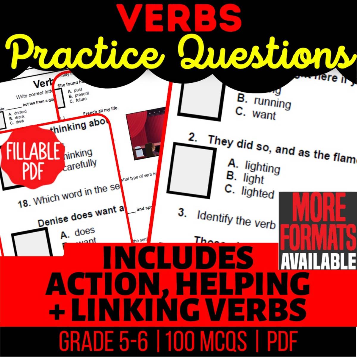 An educational teaching resource from Cored Education entitled Verbs Practice Questions - Grammar Grade 5-6 (Fillable PDF) downloadable at Teach Simple.