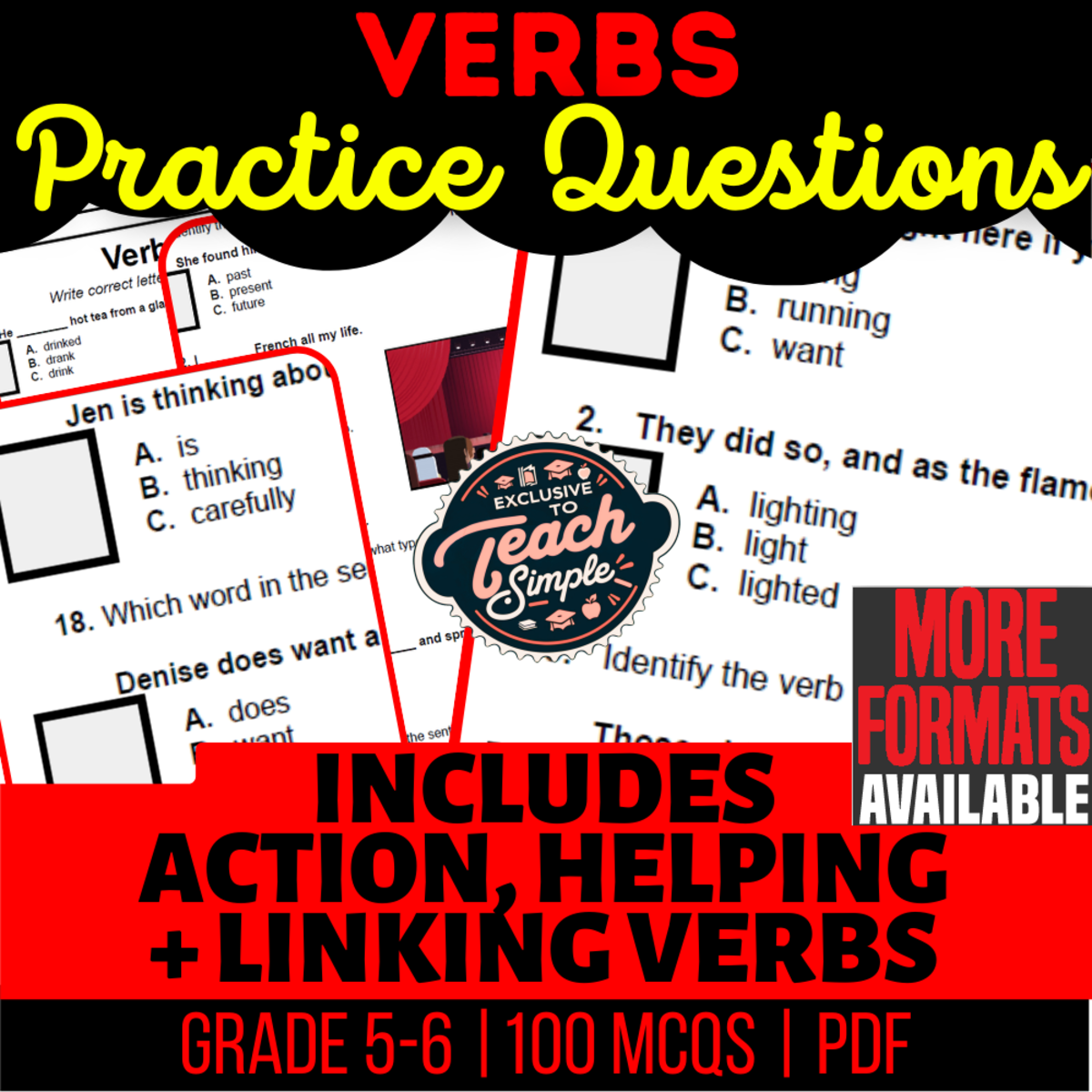 An educational teaching resource from Cored Education entitled Verbs Practice Questions - Grammar Grade 5-6 (PDF) downloadable at Teach Simple.