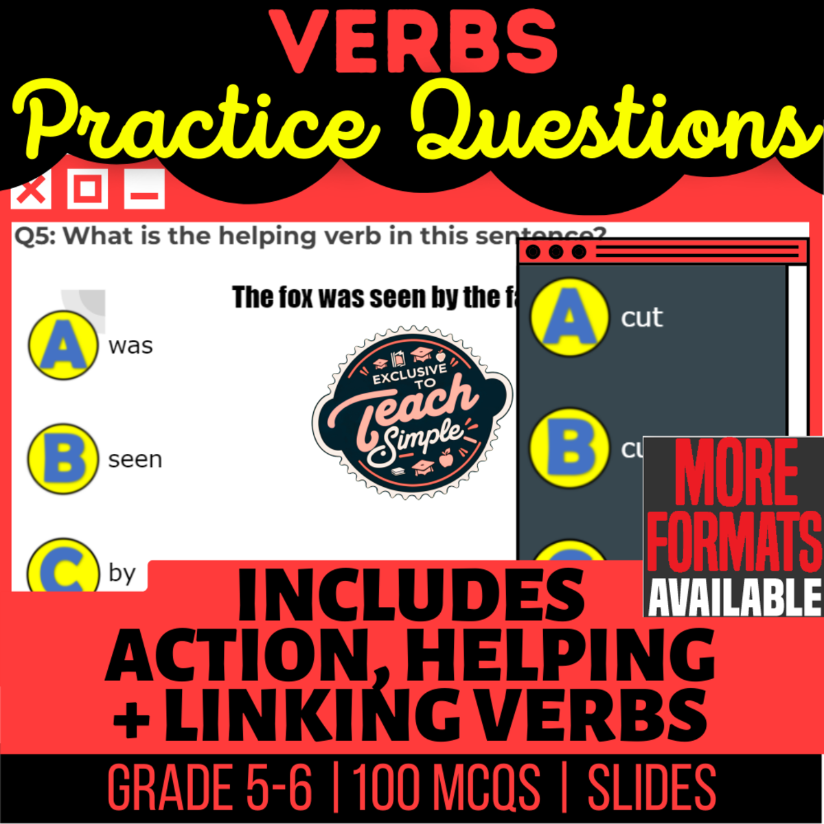 An educational teaching resource from Cored Education entitled Verbs Practice Questions - Grammar Grade 5-6 (Slides) downloadable at Teach Simple.