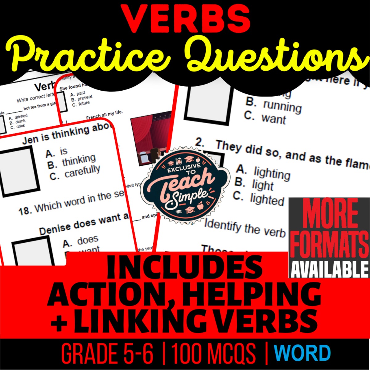 An educational teaching resource from Cored Education entitled Verbs Practice Questions - Grammar Grade 5-6 (Word) downloadable at Teach Simple.