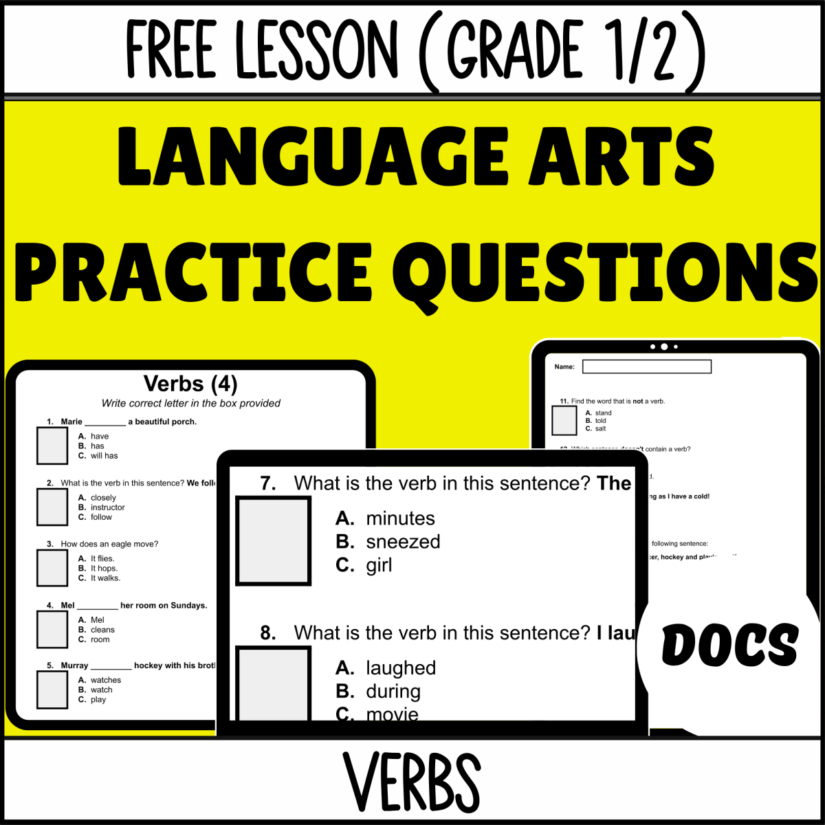 An educational teaching resource from Cored Education entitled Verbs Sample - Grades 1-2 Grammar (Docs) downloadable at Teach Simple.