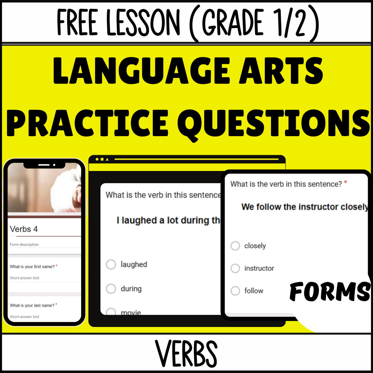 An educational teaching resource from Cored Education entitled Verbs Sample - Grades 1-2 Grammar (Forms) downloadable at Teach Simple.