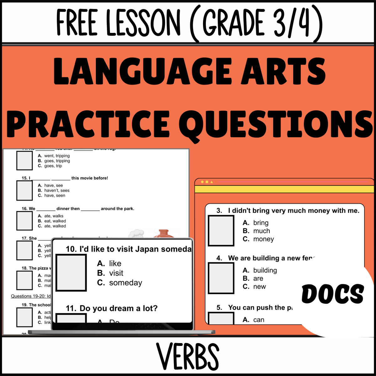 An educational teaching resource from Cored Education entitled Verbs Sample: Grammar Grades 3-4 (Google Docs) downloadable at Teach Simple.