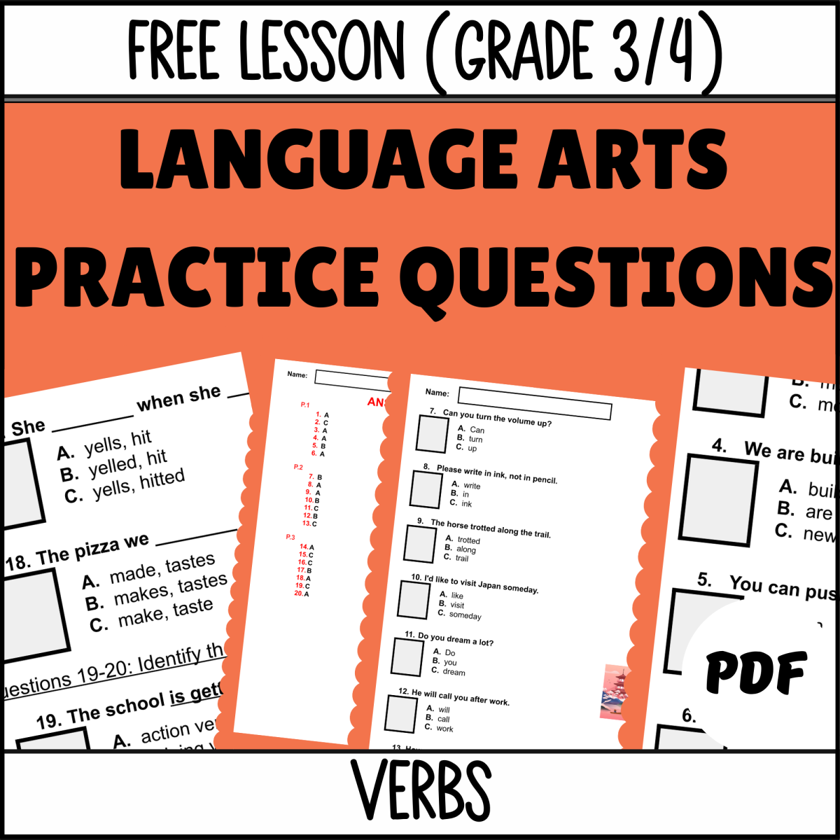An educational teaching resource from Cored Education entitled Verbs Sample: Grammar Grades 3-4 (PDF) downloadable at Teach Simple.