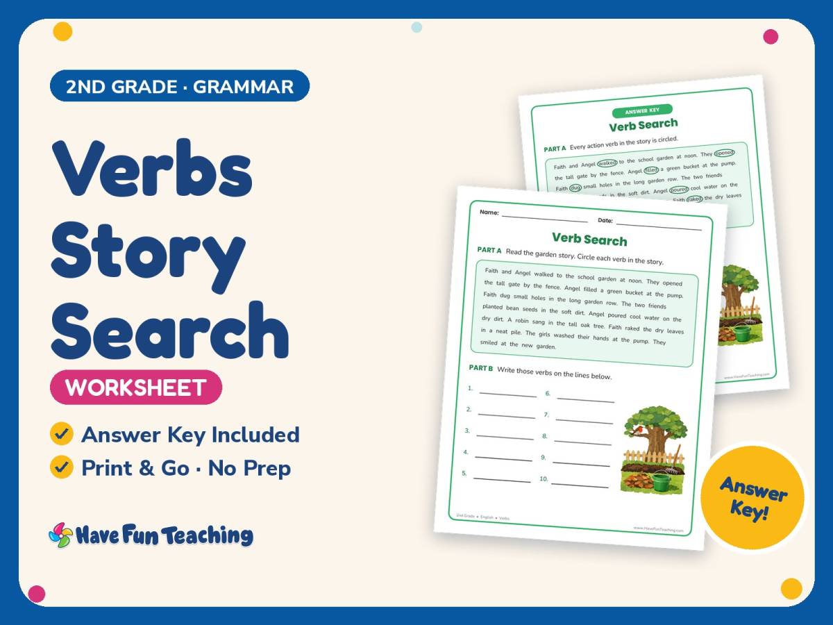 Verbs Story Search Worksheet – 2nd Grade Grammar Practice + Answer Key preview