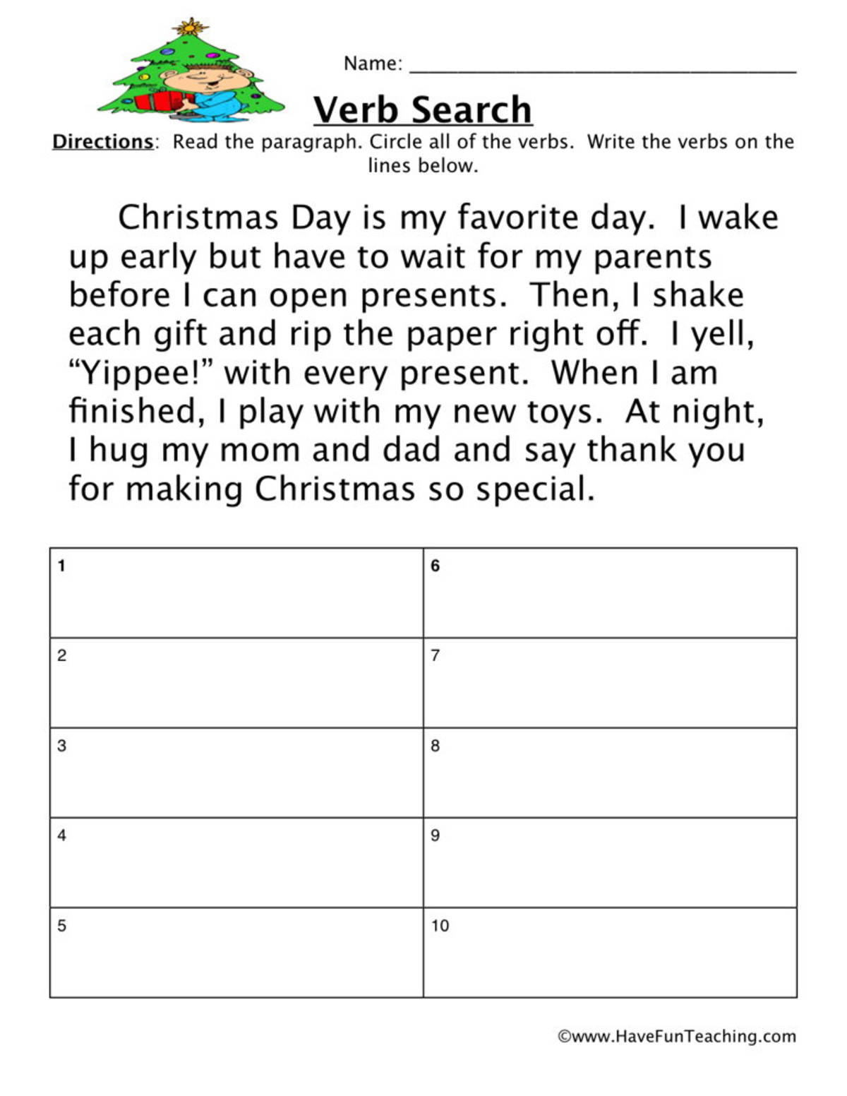 An educational teaching resource from Have Fun Teaching entitled Verbs Story Search Worksheet downloadable at Teach Simple.