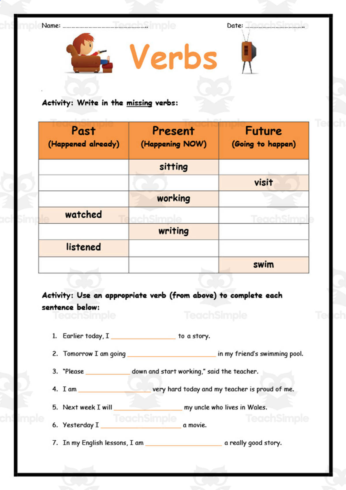An educational teaching resource from Elementary Resources 4 U entitled Verbs Worksheet 3 downloadable at Teach Simple.
