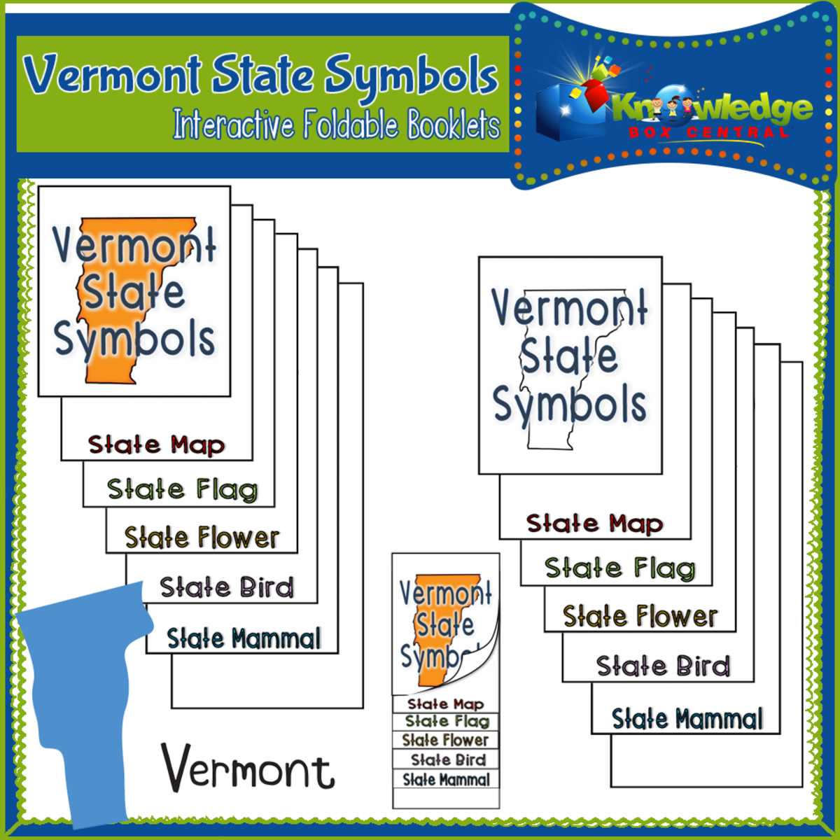 An educational teaching resource from Knowledge Box Central entitled Vermont State Symbols Interactive Foldable Booklets – EBOOK downloadable at Teach Simple.