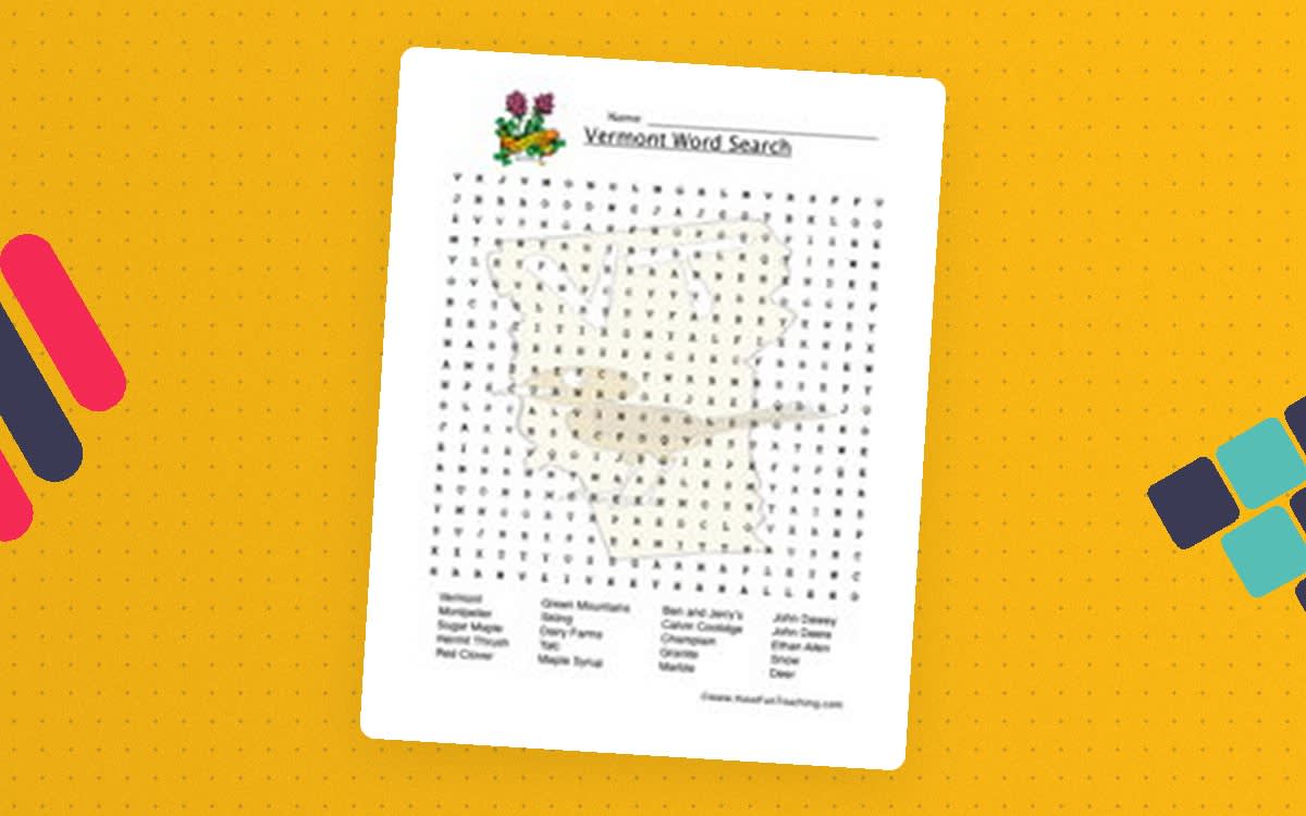 An educational teaching resource from Have Fun Teaching entitled Vermont Word Search Worksheet downloadable at Teach Simple.