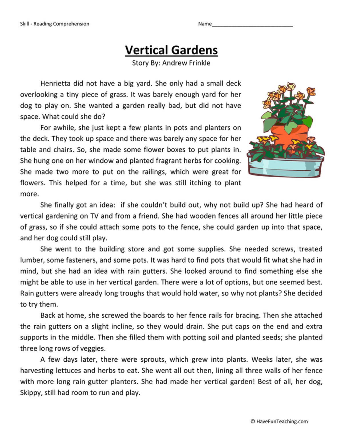 An educational teaching resource from Have Fun Teaching entitled Vertical Gardens Reading Comprehension Worksheet downloadable at Teach Simple.