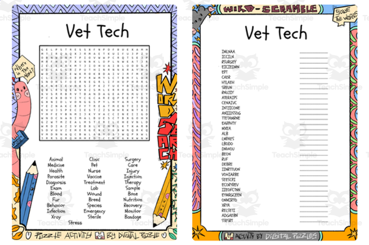 An educational teaching resource from Lapiiin Art Activities entitled Vet Tech word search & scramble downloadable at Teach Simple.