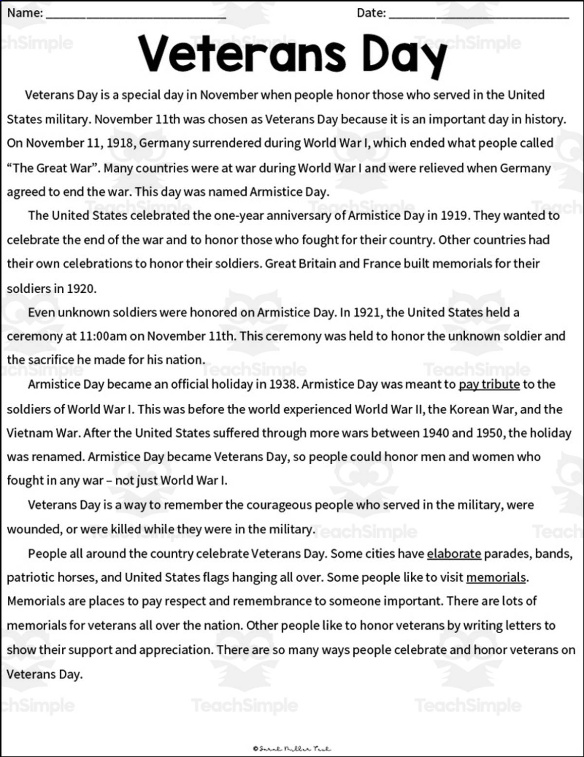 An educational teaching resource from Sarah Miller Tech entitled Veteran's Day Coloring Activity downloadable at Teach Simple.