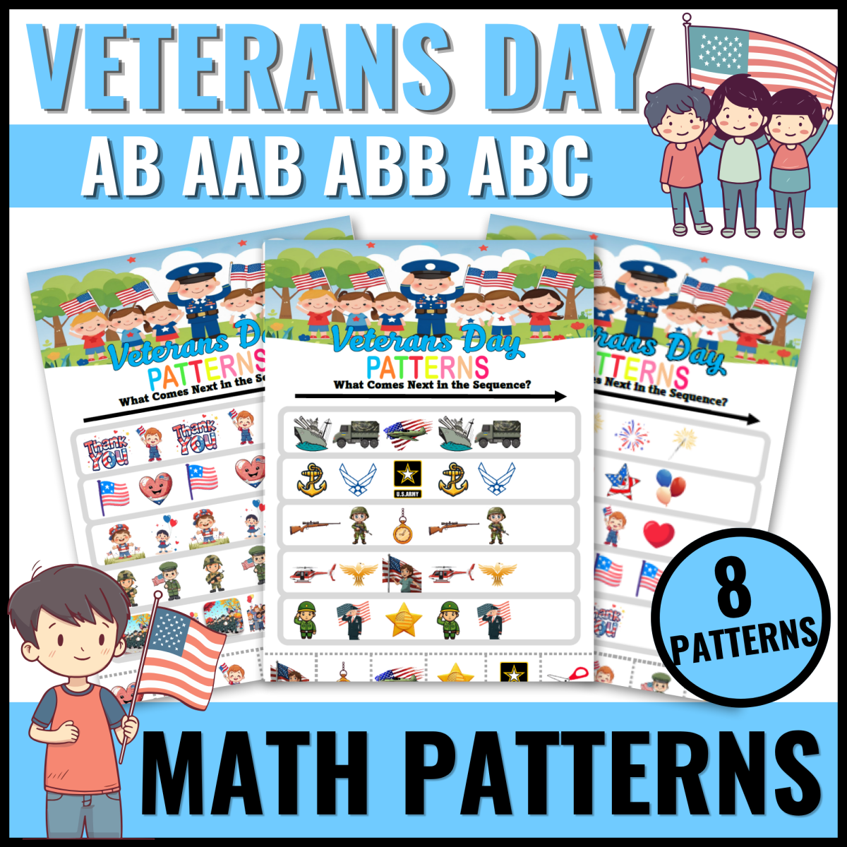 An educational teaching resource from Bambolina55 entitled Veterans Day Patterns Math Worksheets Activity for Preschool, Kin downloadable at Teach Simple.