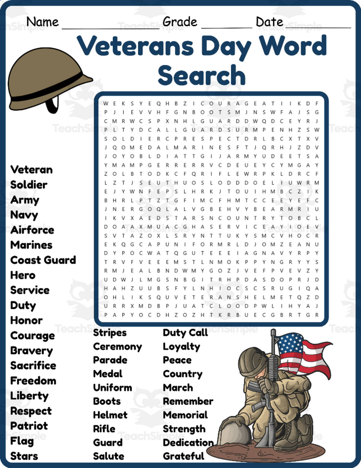 An educational teaching resource from Classsimple entitled Veterans Day Word Search 2rd 3th 4th 5th Grade worksheet activity downloadable at Teach Simple.