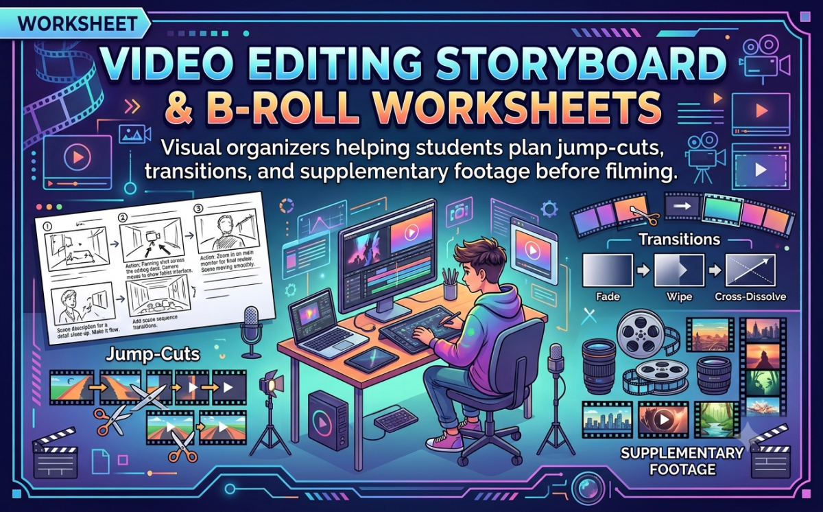 An educational teaching resource from Creative Book Store entitled Video Editing Storyboard & B-Roll Worksheets downloadable at Teach Simple.