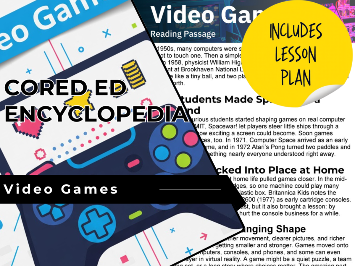 An educational teaching resource from Cored Education entitled Video Games Reading Comprehension Passage - Cored Ed Encyclopedia downloadable at Teach Simple.
