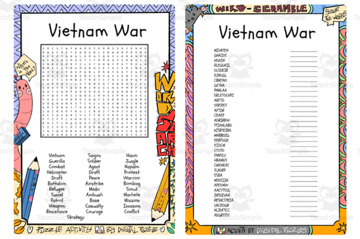 An educational teaching resource from Lapiiin Art Activities entitled Vietnam War word search & scramble downloadable at Teach Simple.