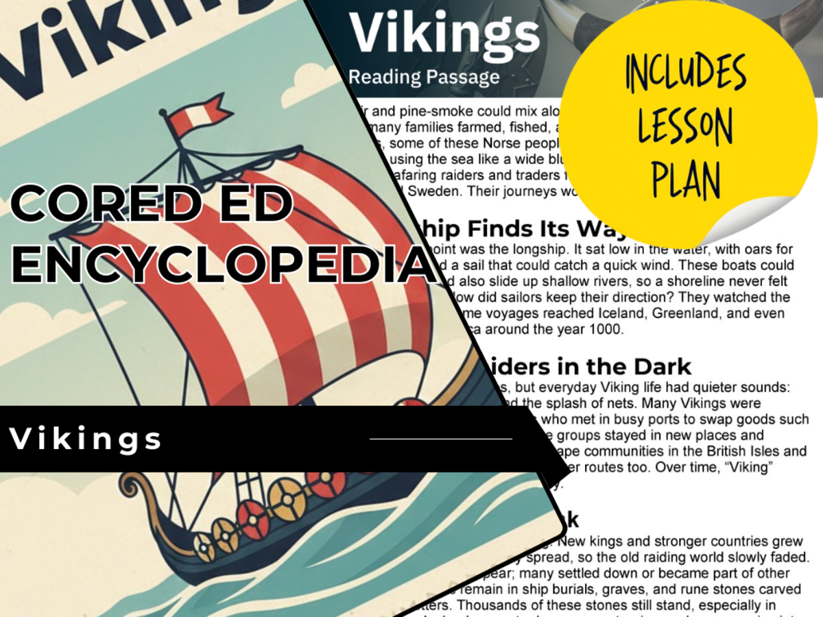 An educational teaching resource from Cored Education entitled Vikings Reading Comprehension Passage - Cored Ed Encyclopedia downloadable at Teach Simple.