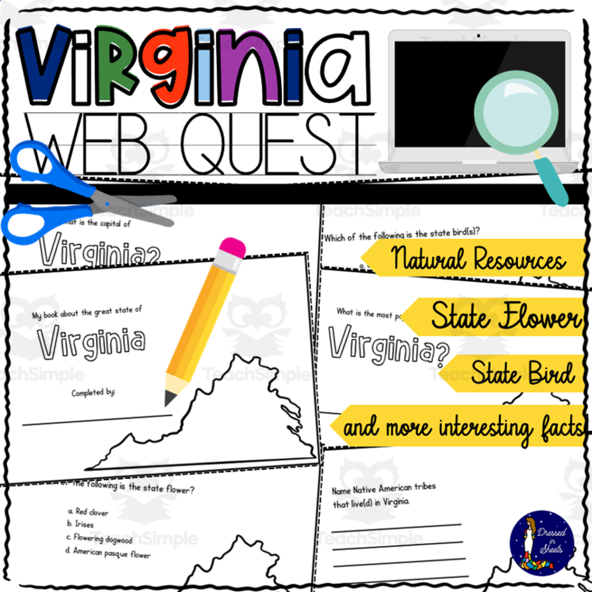 An educational teaching resource from Soumara Siddiqui entitled Virginia WebQuest Printable Book downloadable at Teach Simple.