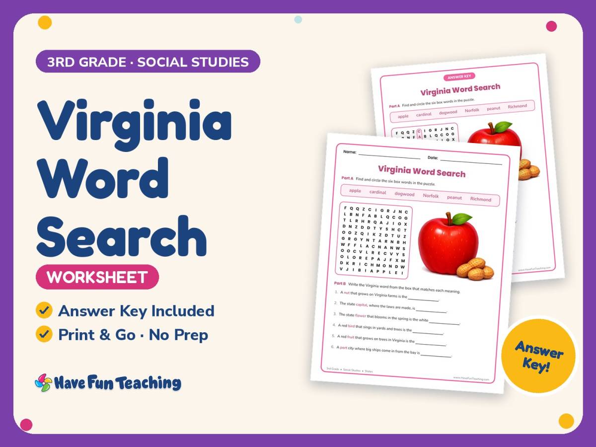 Virginia Word Search Worksheet – 3rd Grade States Practice preview