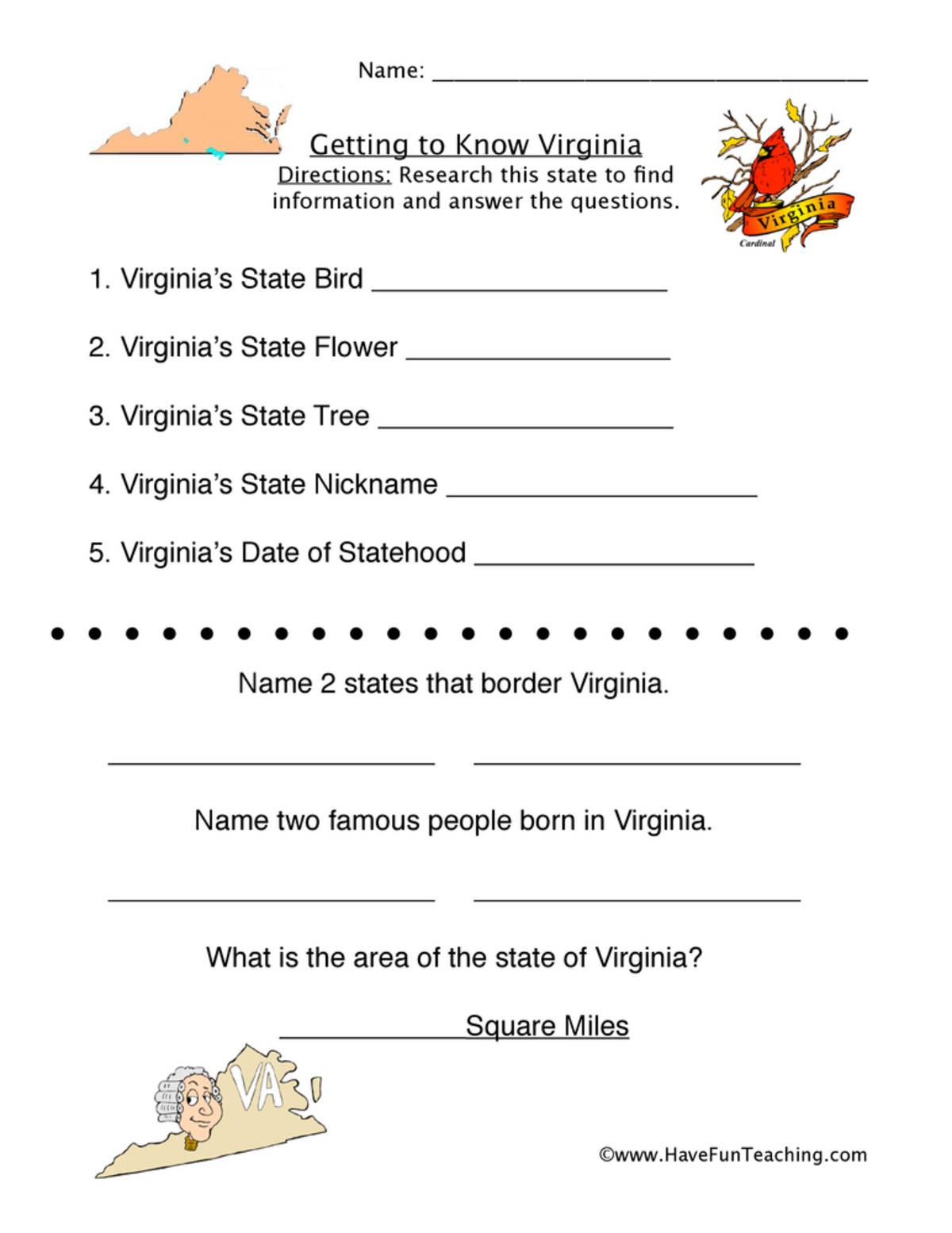 An educational teaching resource from Have Fun Teaching entitled Virginia Worksheet downloadable at Teach Simple.