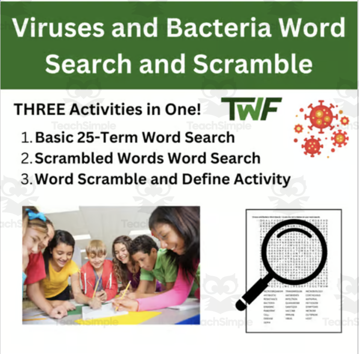 An educational teaching resource from Teach With Fergy entitled Viruses and Bacteria Word Search and Scramble Review Activity downloadable at Teach Simple.