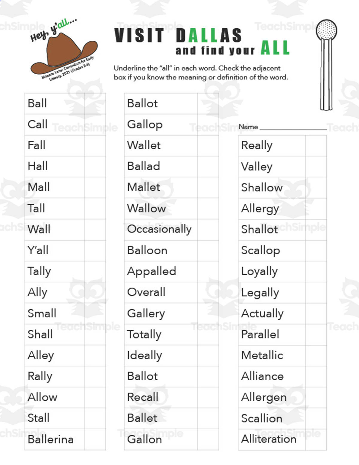 An educational teaching resource from Monaco Lane Curriculum for Early Literacy entitled Visit Dallas | Cross-Curricular Worksheet downloadable at Teach Simple.