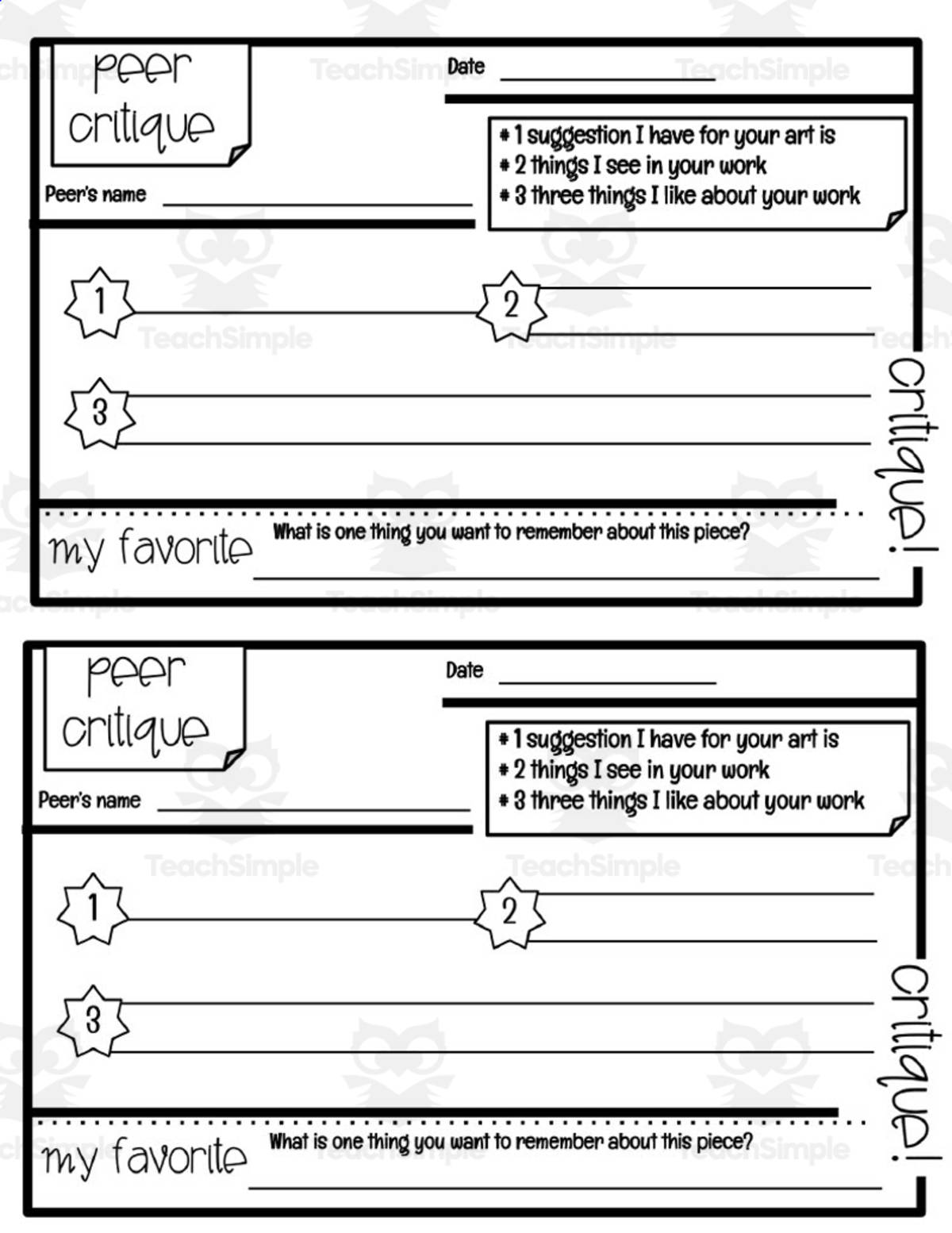 An educational teaching resource from Designs By Um entitled Visual Art Critique Worksheets + Punch Cards downloadable at Teach Simple.