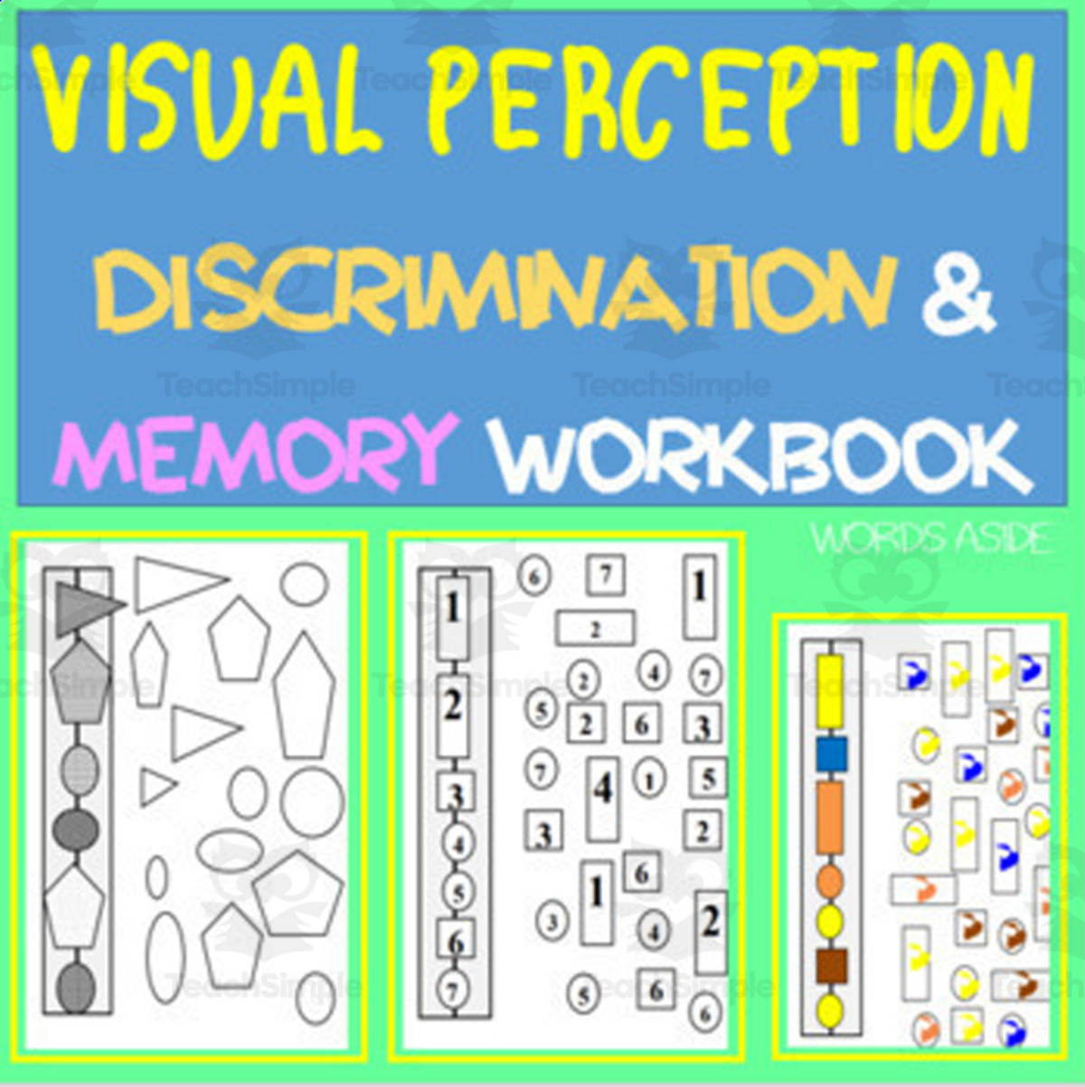 An educational teaching resource from WORDS ASIDE entitled VISUAL PERCEPTION | discrimination and memory boards workbook downloadable at Teach Simple.
