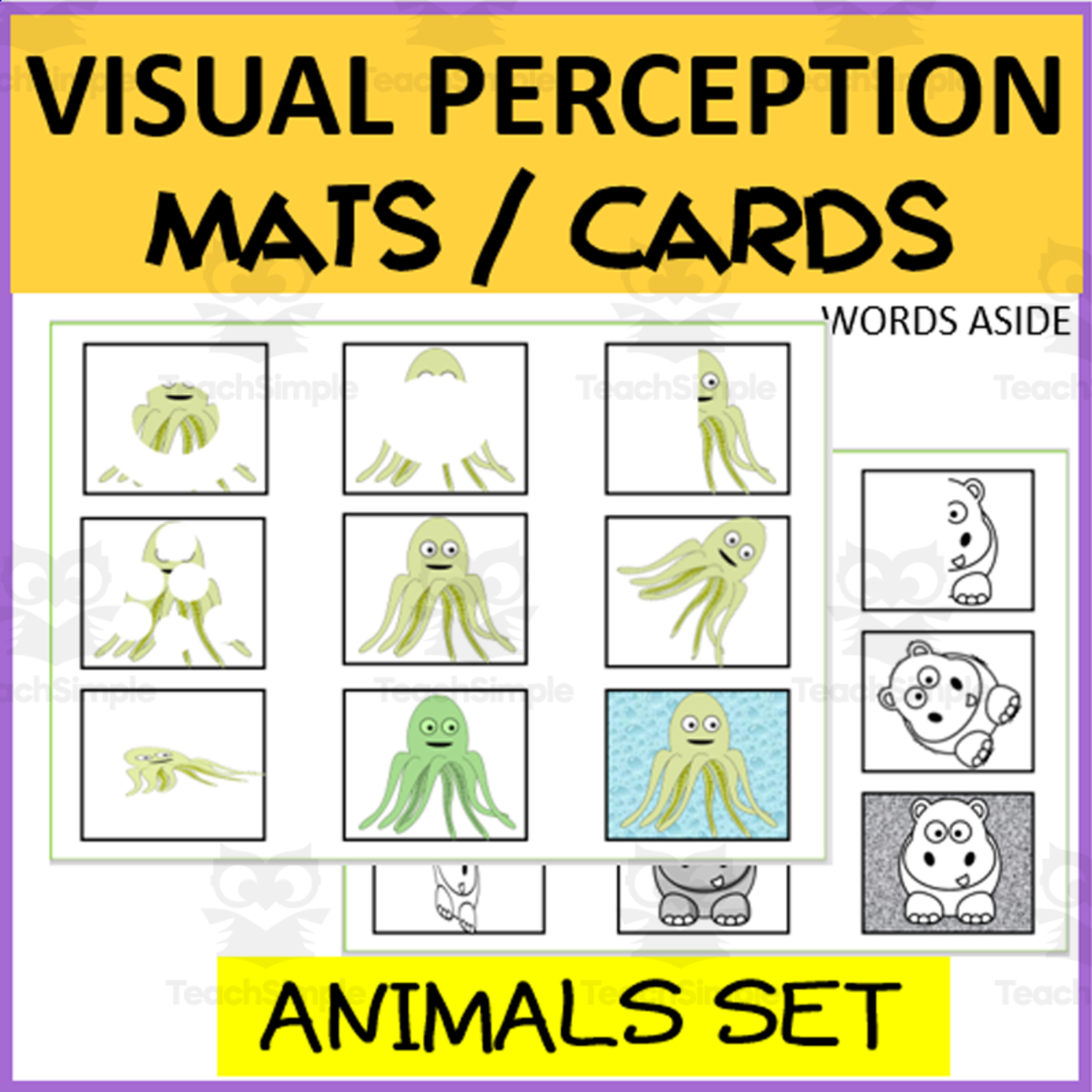 An educational teaching resource from WORDS ASIDE entitled VISUAL PERCEPTION MATS-CARDS: "ANIMALS" SET downloadable at Teach Simple.
