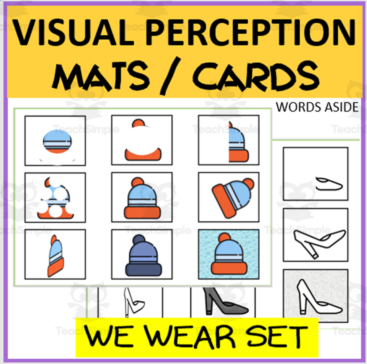 An educational teaching resource from WORDS ASIDE entitled VISUAL PERCEPTION MATS-CARDS: "WE WEAR" SET downloadable at Teach Simple.