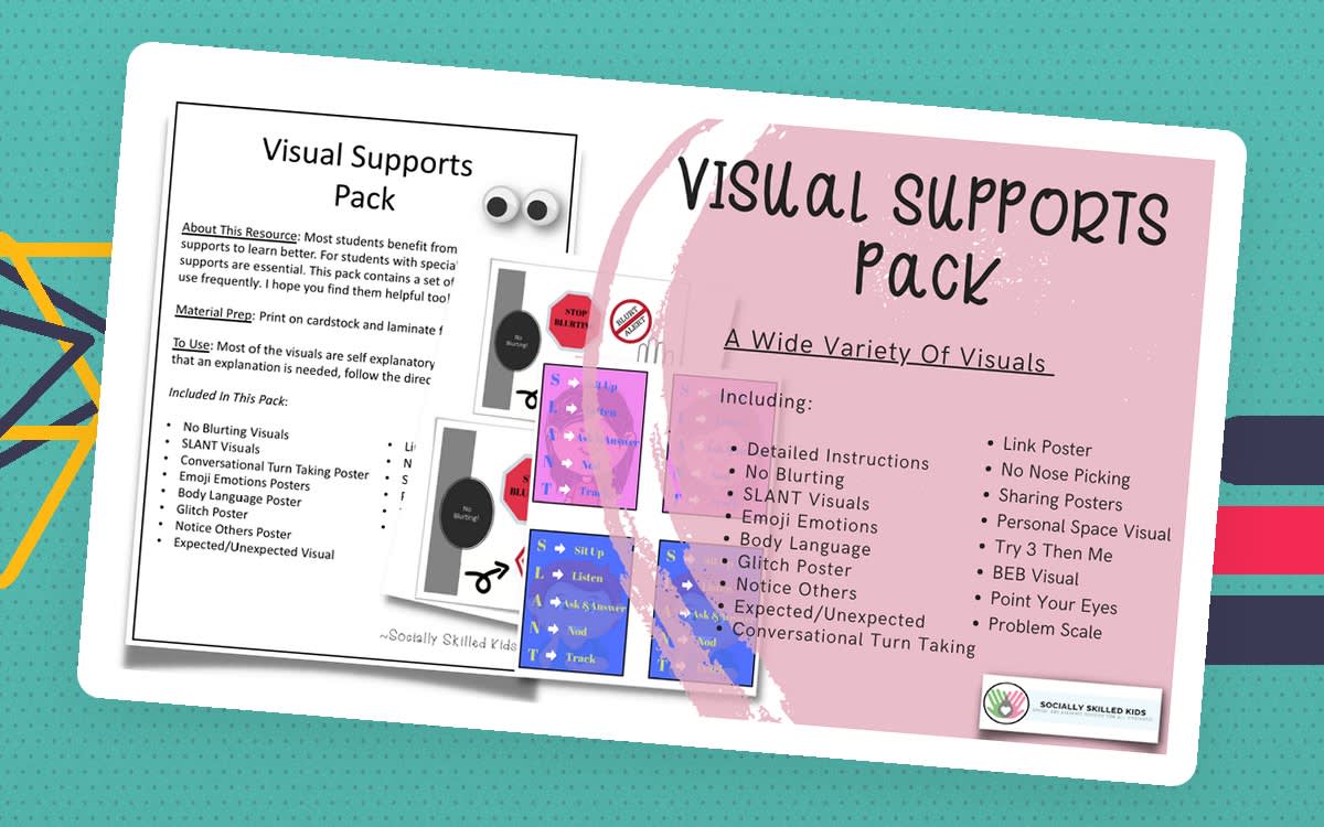 An educational teaching resource from Socially Skilled Kids entitled Visual Supports Pack downloadable at Teach Simple.