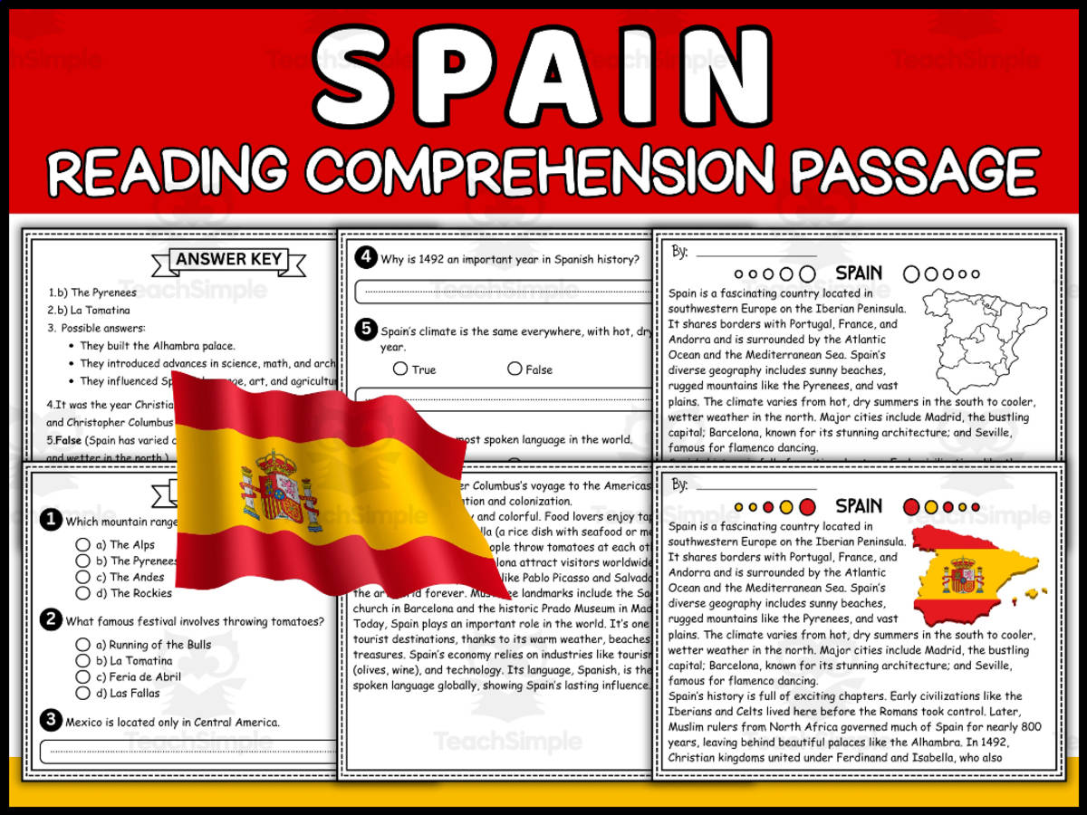 An educational teaching resource from Wonderland School entitled ¡Viva España! Hispanic Heritage Month Reading Comprehension Passage downloadable at Teach Simple.