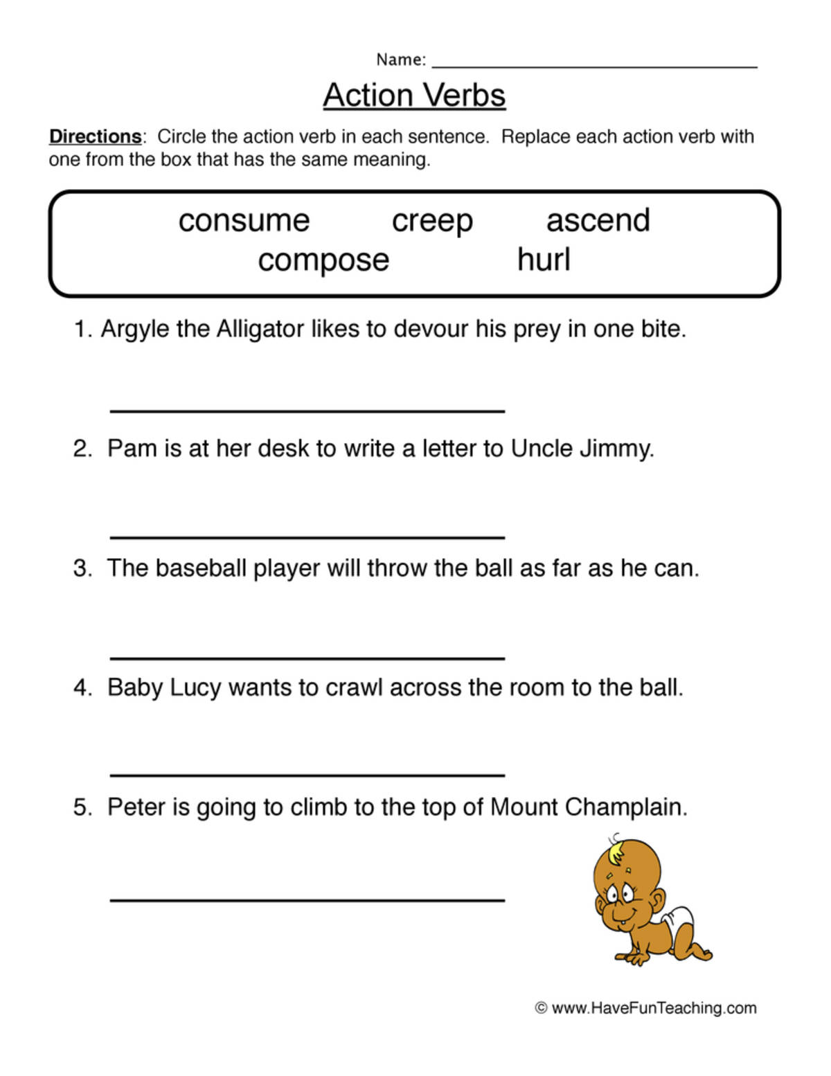 An educational teaching resource from Have Fun Teaching entitled Vivid Verbs Worksheet downloadable at Teach Simple.