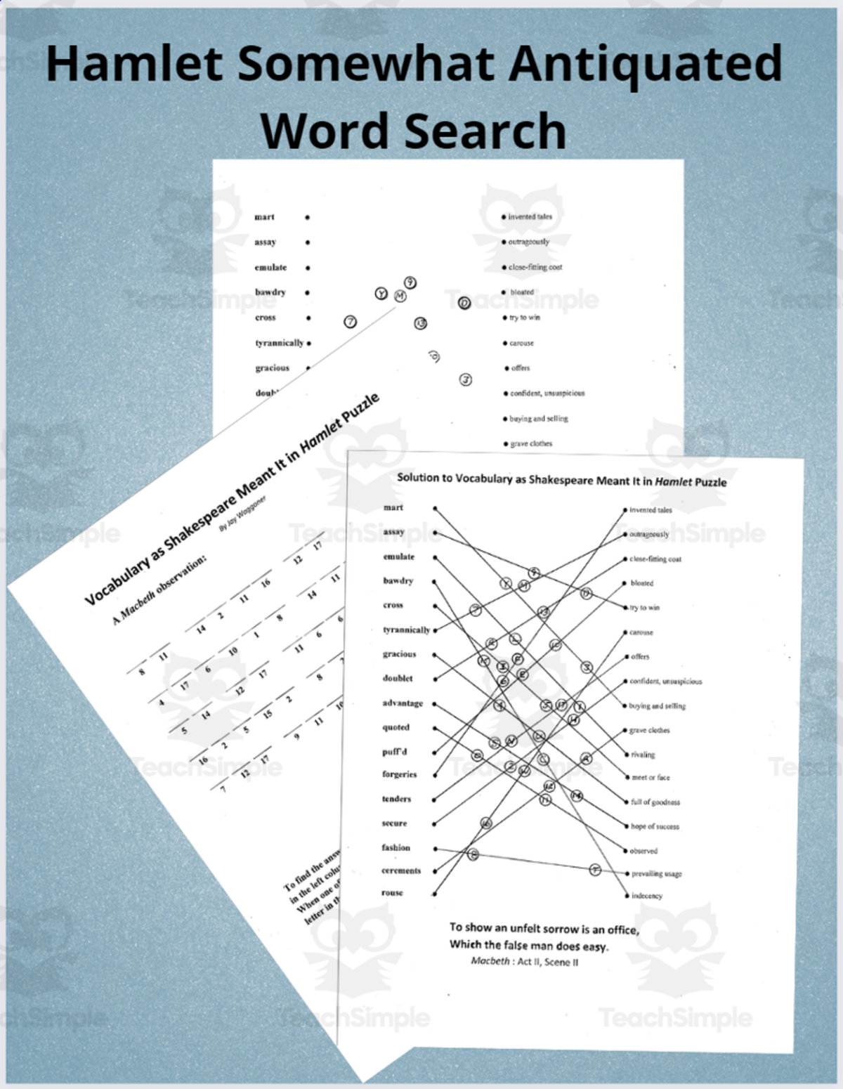 An educational teaching resource from Jay Waggoner entitled Vocabulary as Shakespeare Meant it in Hamlet Puzzle downloadable at Teach Simple.