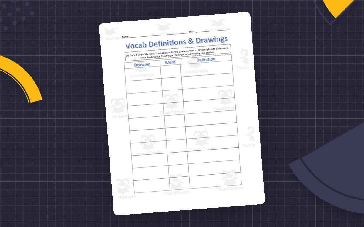 An educational teaching resource from DrDrew entitled Vocabulary Definitions & Drawings Worksheets downloadable at Teach Simple.