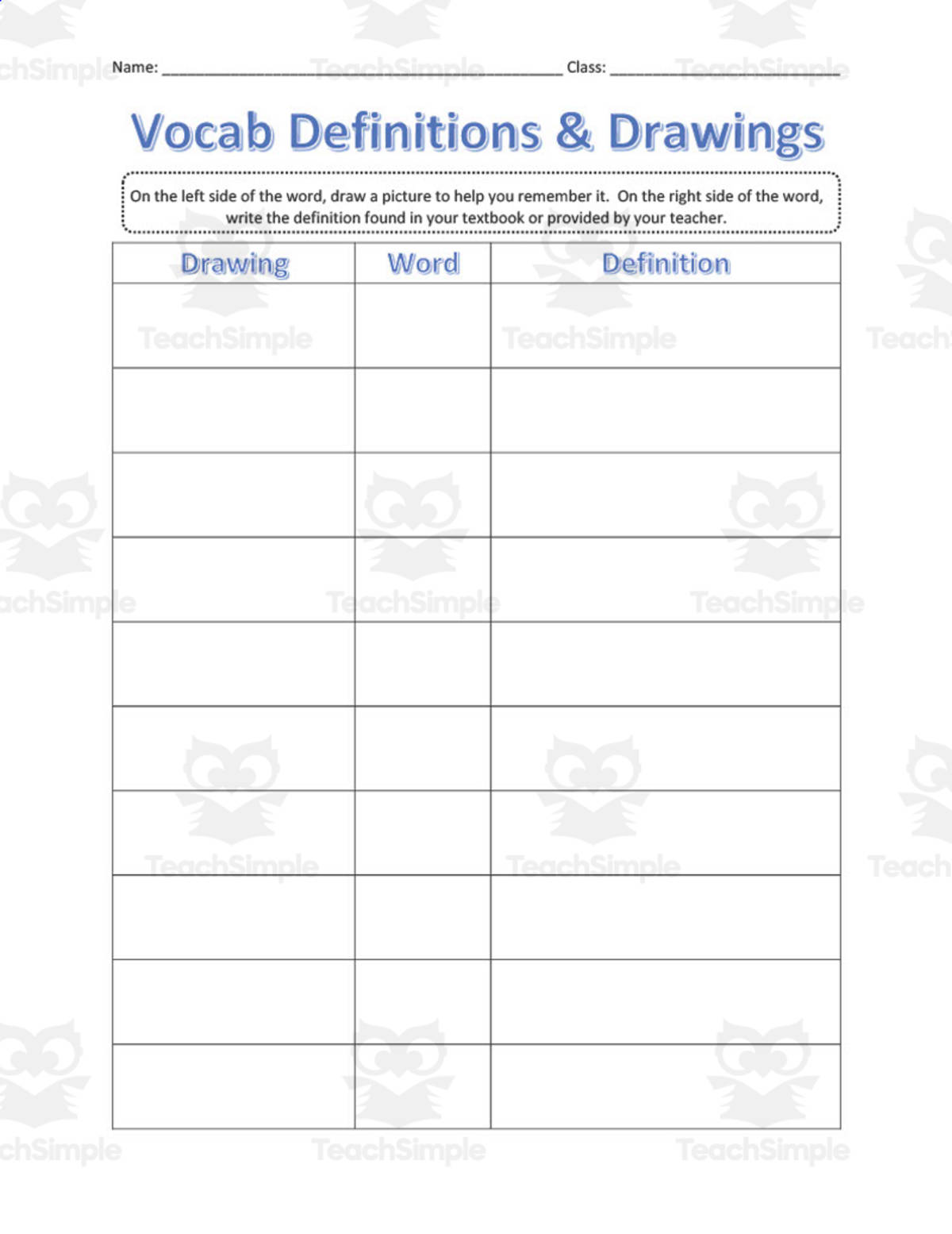 An educational teaching resource from DrDrew entitled Vocabulary Definitions & Drawings Worksheets downloadable at Teach Simple.