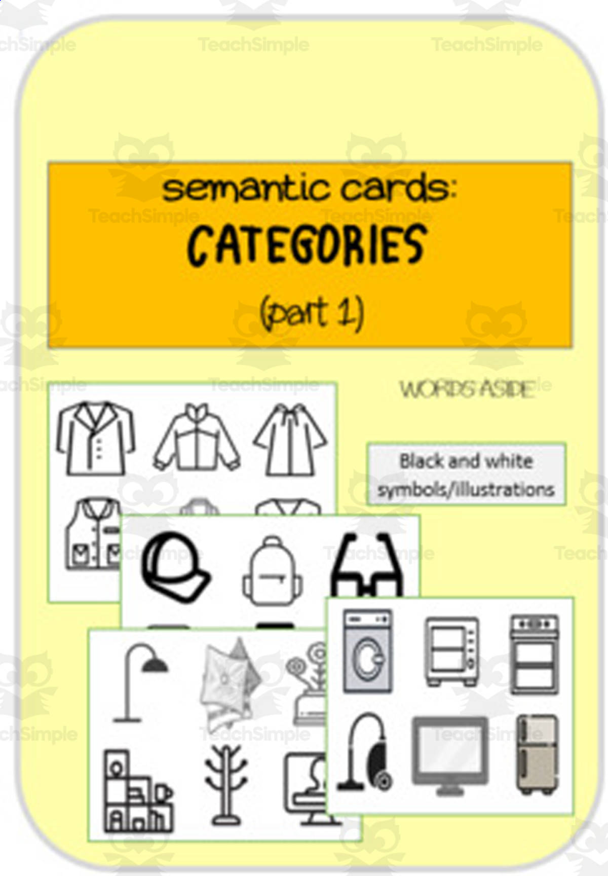 An educational teaching resource from WORDS ASIDE entitled Vocabulary Flashcards | Symbols and Illustrations Categories (part 1) downloadable at Teach Simple.