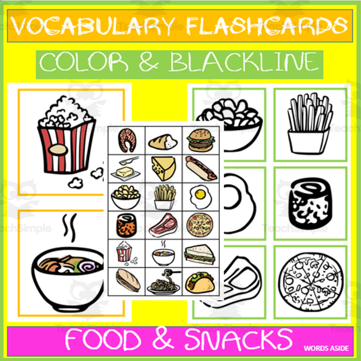 An educational teaching resource from WORDS ASIDE entitled Vocabulary Illustration Flashcards | FOOD AND SNACKS downloadable at Teach Simple.