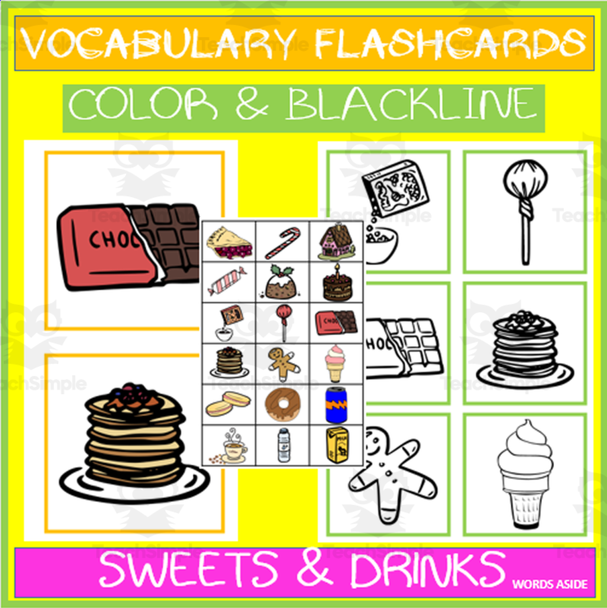An educational teaching resource from WORDS ASIDE entitled Vocabulary Illustration Flashcards | SWEETS AND DRINKS downloadable at Teach Simple.
